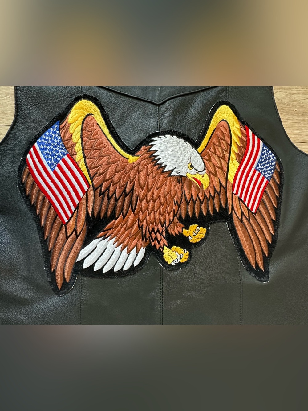 Vintage Style Genuine Leather Biker Vest Patriotic Eagle Motorcycle USA 2XL - Picture 2 of 12